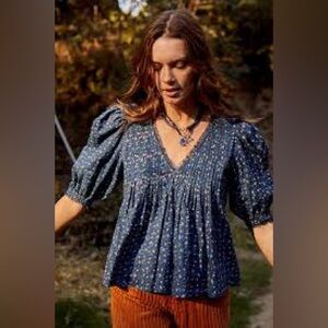 Hunter Bell NYC Mia Puff-Sleeve Lace-Trim Printed Top Medium